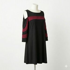 Nina Leonard Black and Burgundy Long Sleeve Dress
